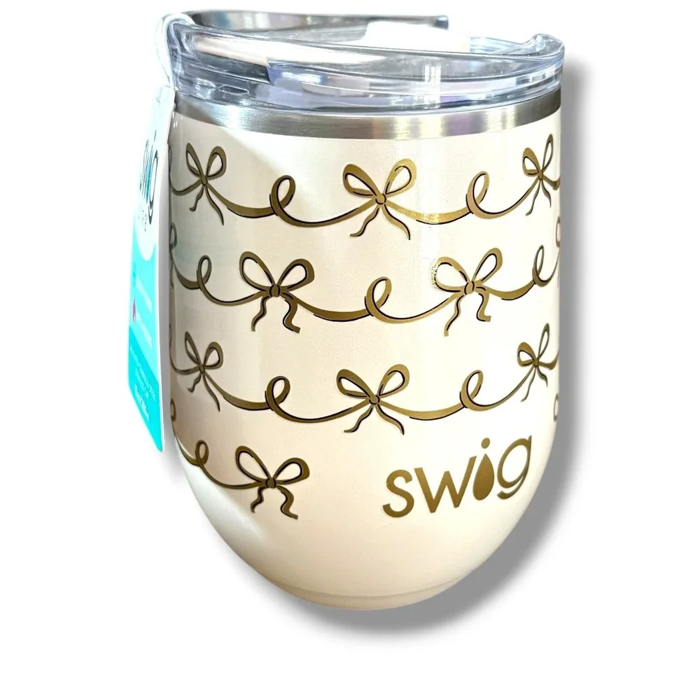 Swig Life 12oz Stemless Cup Pretty in Pearl Gold Bows Insulated Stainless Steel